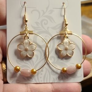 Chic Gold and Pink Floral Drop Earrings